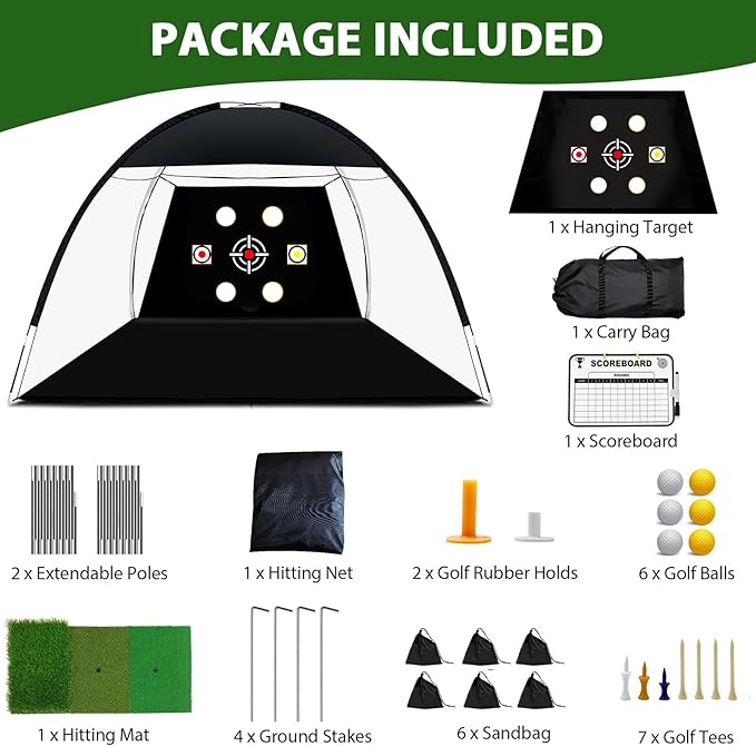 Golf Net, 10x7 Ft Practice Hitting Golf Net with Tri-Turf Mat, Ball, Tee, and Carring Bag, All-in-One Multi-Target Training Aid for Outdoor/Indoor Chipping & Driving, Ideal Gift for Men/Enthusiasts