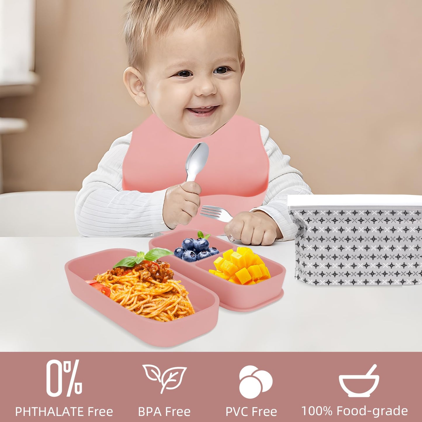 Travel Silicone Baby Feeding Set with 316 Stainless Steel Spoon & Fork ,Silicone Suction Plates, Foldable Bib, Storage Bag - Portable Infant Toddler Utensils, 6-Piece BPA-Free Dishware Kit（pink）