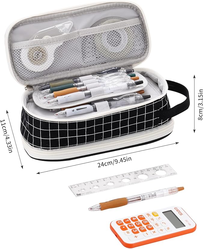 Large Pencil Case Zipper Pencil Pouch for Girls Boys Adults Kids Aesthetic Pencil Bag Organizer Big Capacity Pens Bag with Handle Portable for School Office Black-plaid