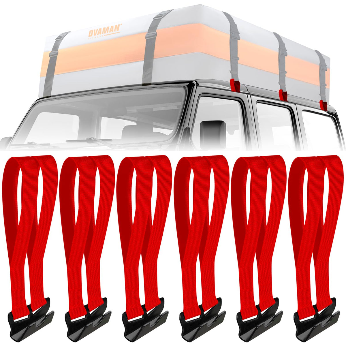 6 Rooftop Cargo Tie Down Hook Straps-Secure Any Car Roof Bag, Roof Rack Cargo Carrier,or Car Top Carrier,Durable and Solid, No Roof Rack Required, Compatible with Most Cars - Registered Patent (red)