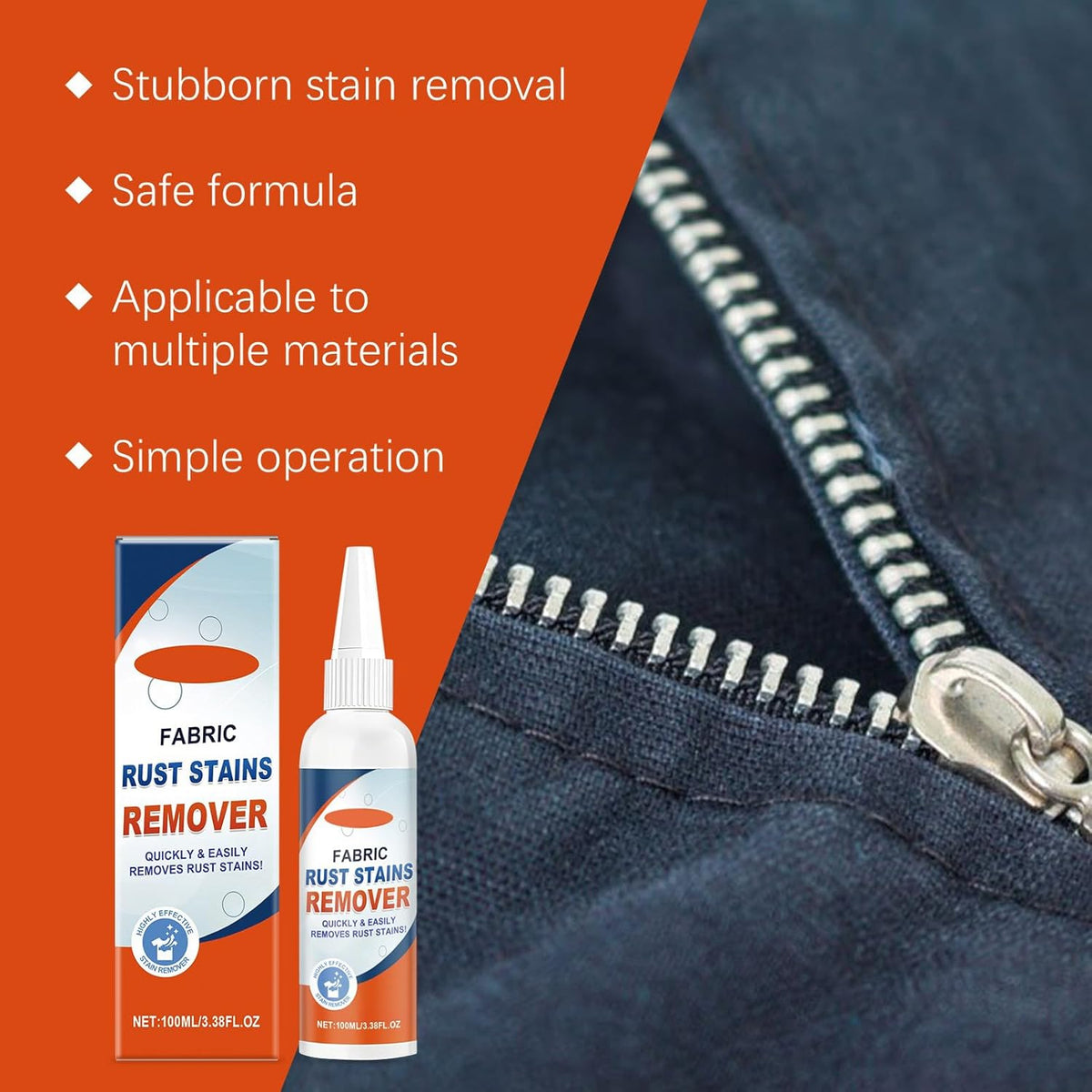 Fabric Rust Remover For Clothes, Strong And Effective Rust Stain Remover For Fabric, Garments & Washable Textiles, 3.38 FL.OZ