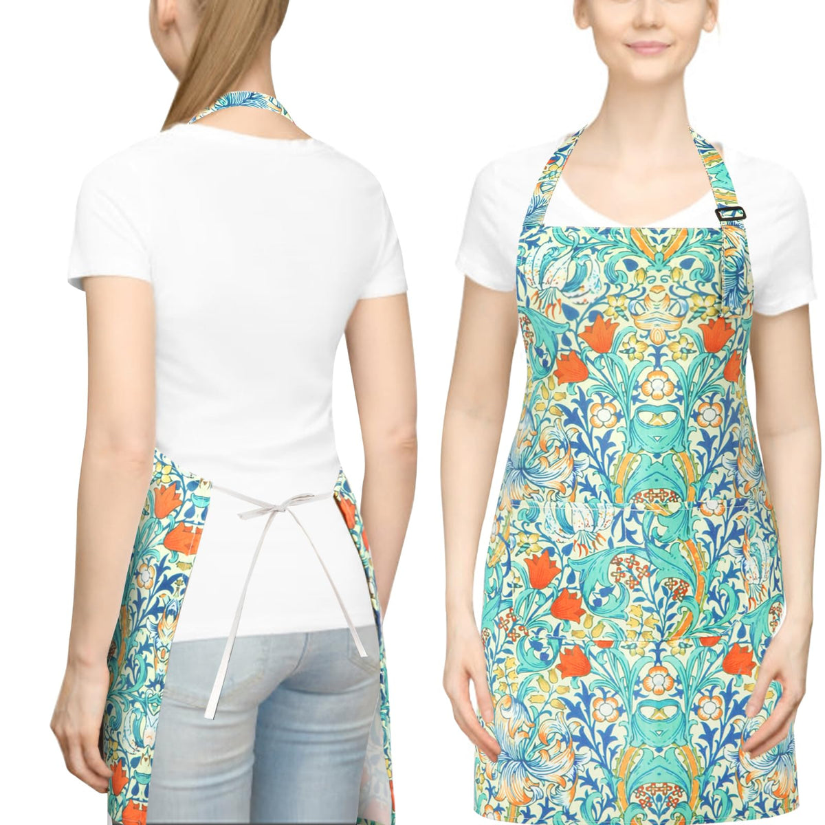 QuQuRuan Floral Apron for Women with Pockets Cotton Canvas Waterproof Apron Cooking Baking Painting Gift (Blue and Red)
