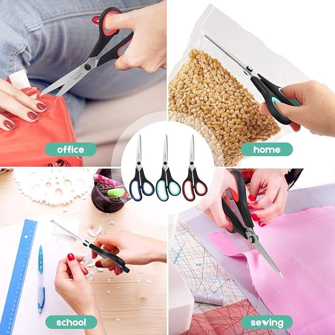Scissors All Purpose, iBayam 8" Heavy Duty Scissors Bulk 3-Pack, 2.5mm Thickness Ultra Sharp Blade Shears with Comfort-Grip Handles for Office Home School Sewing Fabric Craft Supplies, Right/Left Hand