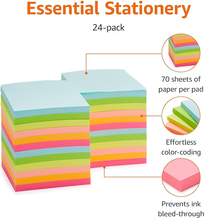 Amazon Basics Square Sticky Notes, Office Supplies for Desk, 3-x-3-inch, 24-Pack, Assorted Colors