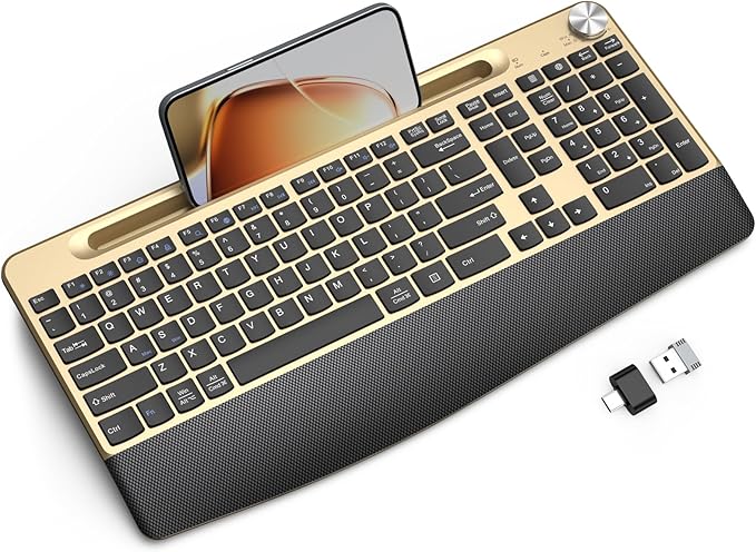 JOYACCESS Ergonomic Wireless Keyboard with Wrist Rest, Phone/Tablet Holder,Windows & Mac OS, 2.4 GHz Wireless, Full-Size,Quiet Keyboard Compatible for Laptop,PC, Mac, Windows -Black Glod