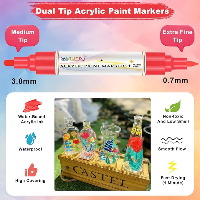 Paint Markers Paint Pens - 2 Pack Dual Tip Acrylic Permanent Marker (0.7mm & 3mm), Non-Toxic, Water-Based for Art Painting, Stone, Ceramic, Glass, Wood, Fabric, Metal, DIY Crafts (Red)