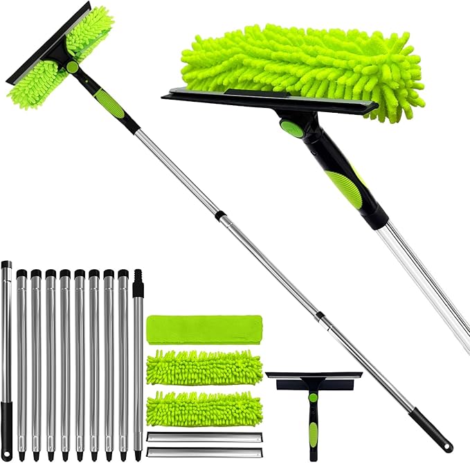 Professional 152" Window Squeegee Cleaner Tool with Extension Pole, 2-in-1 Squeegee for Window Cleaning Kit with Scrubber and Rotating Head, Window Cleaner for Car, Sliding Door, Shower Glass Door