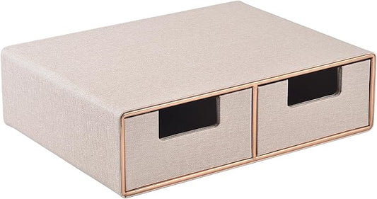 Linen Leather Desk Organizer with Drawers－Mini Desktop Drawer Organizer Stackable－Multifunctional Tabletop Organization Storage Box for Office Supplies Home Vanity Toiletries (Beige, 2-drawers)