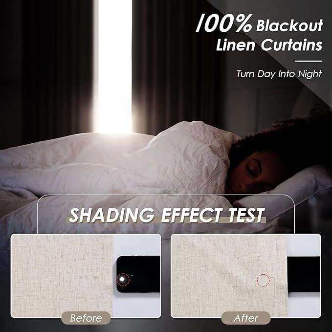 100% Blackout Beige Linen Curtains 96 inches Long for Bedroom Back Tab Thermal Insulated Black Out Window Curtain Full Light Blocking Room Darkening Curtains for Living Room Guest Playroom 8 FT