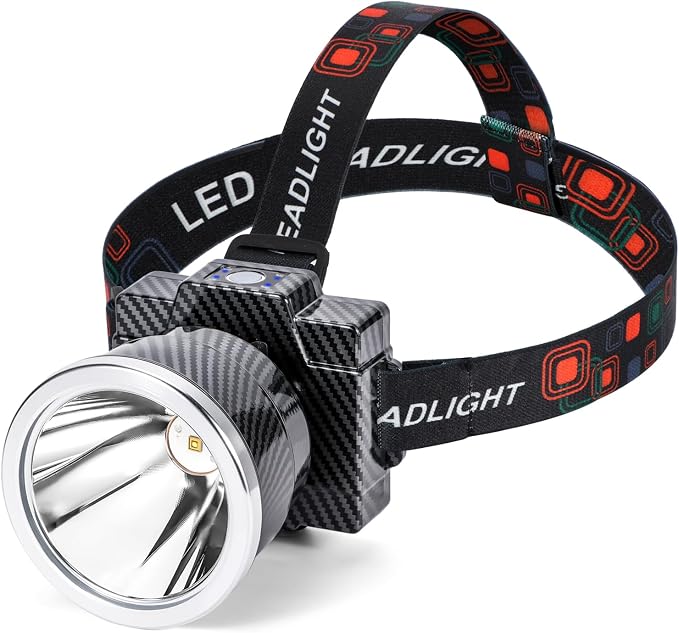 Rechargeable LED Headlamp with Power Indicator, 3 Mode White Light 10400mAh Long-Lasting Battery,10+ Hours Runtime, IP65 Waterproof Lightweight Headlight for Outdoor (Carbon Fiber Pattern-White light)
