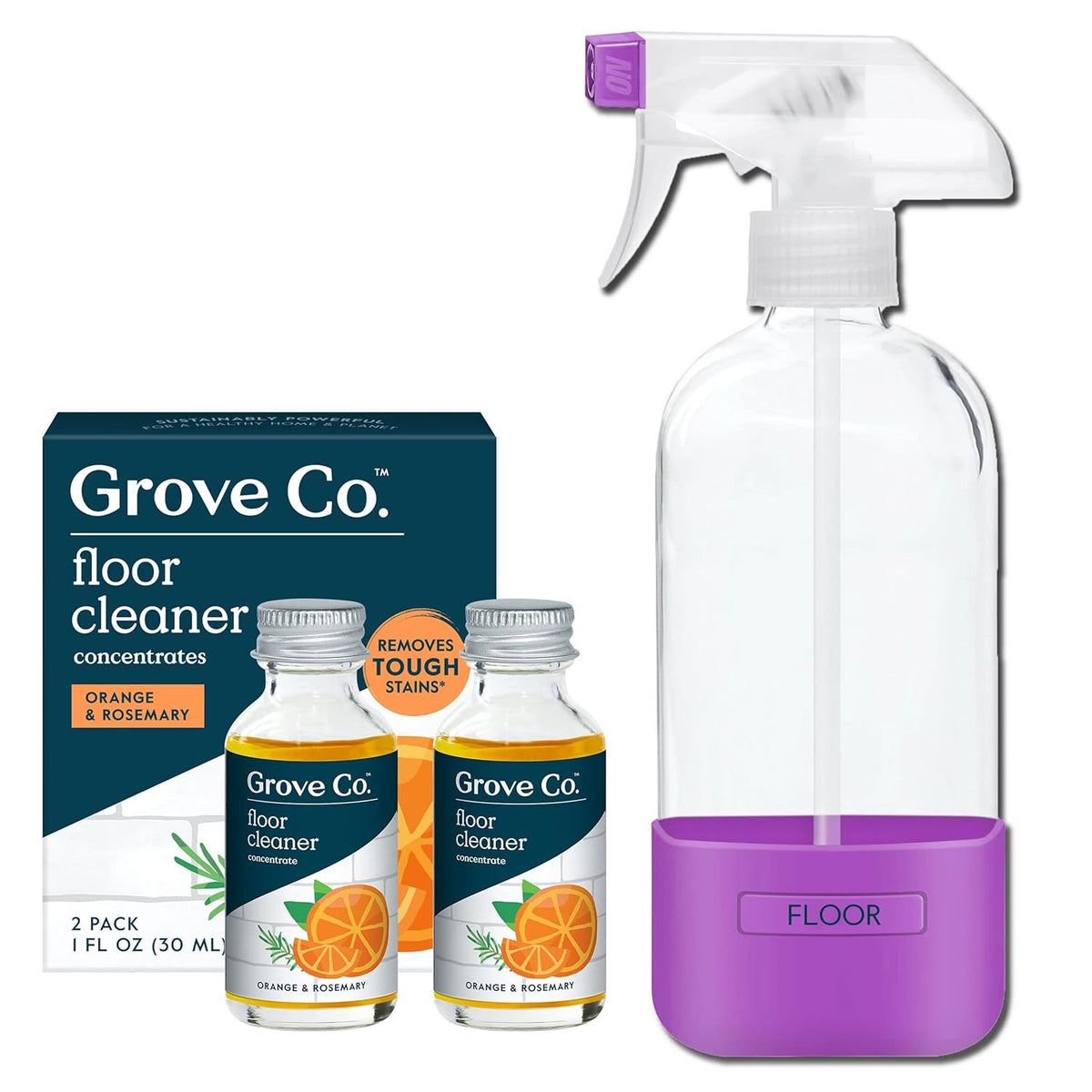 Grove Co. Floor Cleaner Refill Concentrate (2 x 1 Oz) + 1 x Durable Glass Spray Bottle (16 Oz) Plant-Based Cleaning Supplies Bundle, No Plastic Waste, 100% Natural Orange & Rosemary Scent