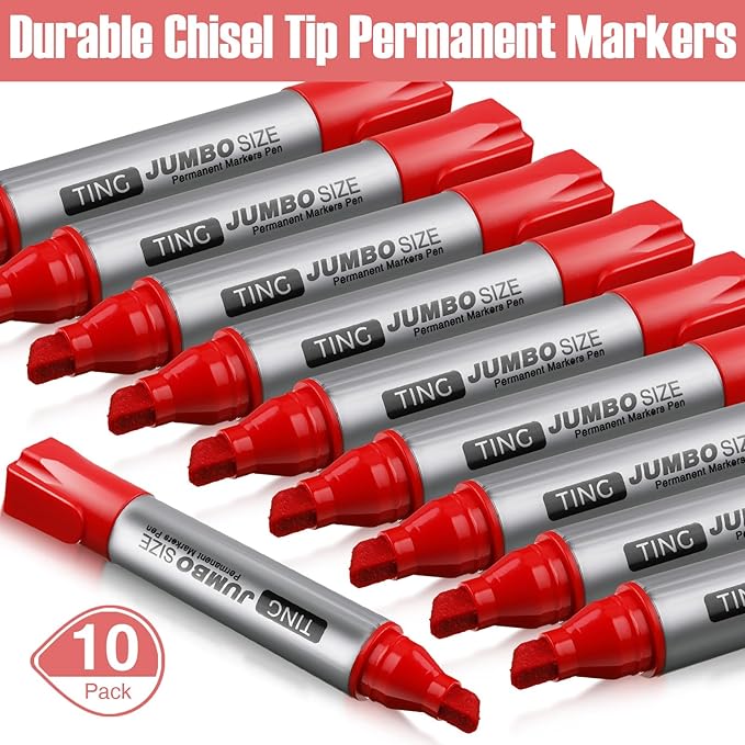 Fuutreo 10 Pack Jumbo Permanent Markers Bulk Large Chisel Tip Permanent Markers Quick Drying Waterproof Big Huge Poster Pens for Office, Logistics Company and More(Red)
