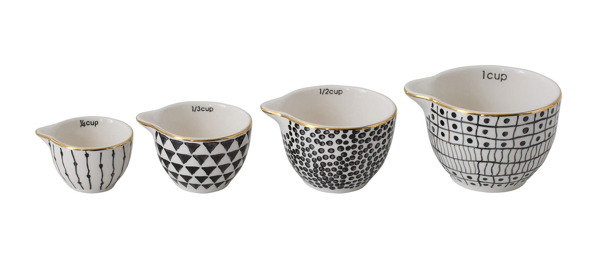 Creative Co-Op Black & White Stoneware Measuring Cups with Gold Electroplating (Set of 4 Sizes)