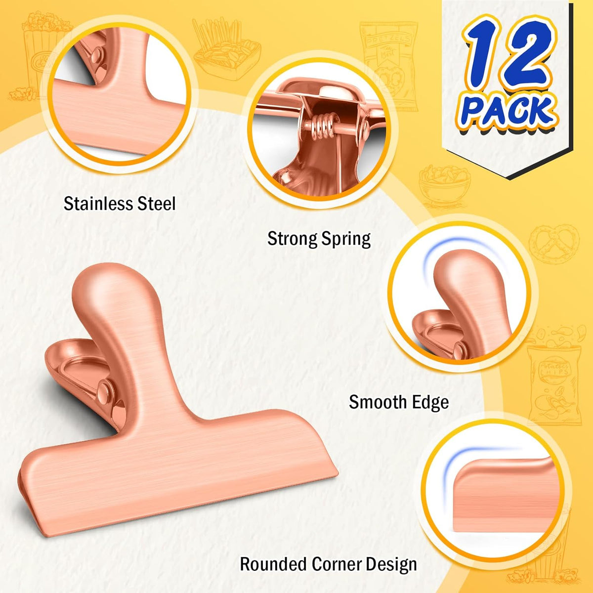 VNDUEEY 12 Pack Stainless Steel Chip Bag Clips, Chip Clips for Food Bags, Air Tight Seal Bag Clip for Snack, Heavy Duty Clip for Office and Kitchen - 3 Inches, Rose Gold