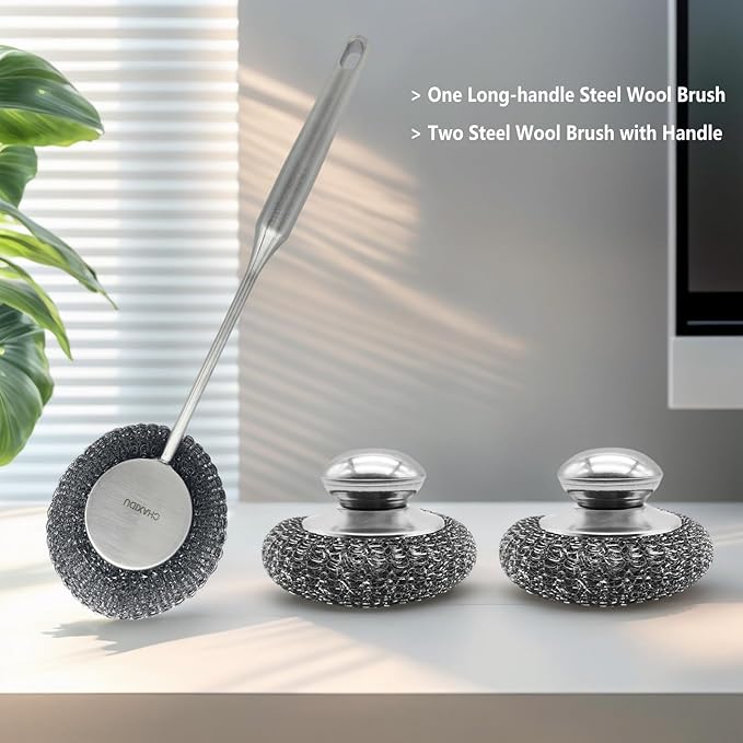 Stainless Steel Wool Scrubber Set, Long Handle & Handle Brushes,Metal Brush for Pots, Pans, Grills & Cutlery Cleaning (3 Pack)