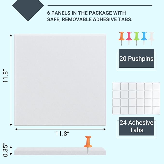 AKTOP White Cork Bulletin Board 24"x36", 6 Pack Removable Felt Cork Board Tiles for Wall, Large 2 x 3 Bulletin Board Notice Pin Board for Office, School & Home, 24 Safe Adhesive Tabs, 20 Push Pins
