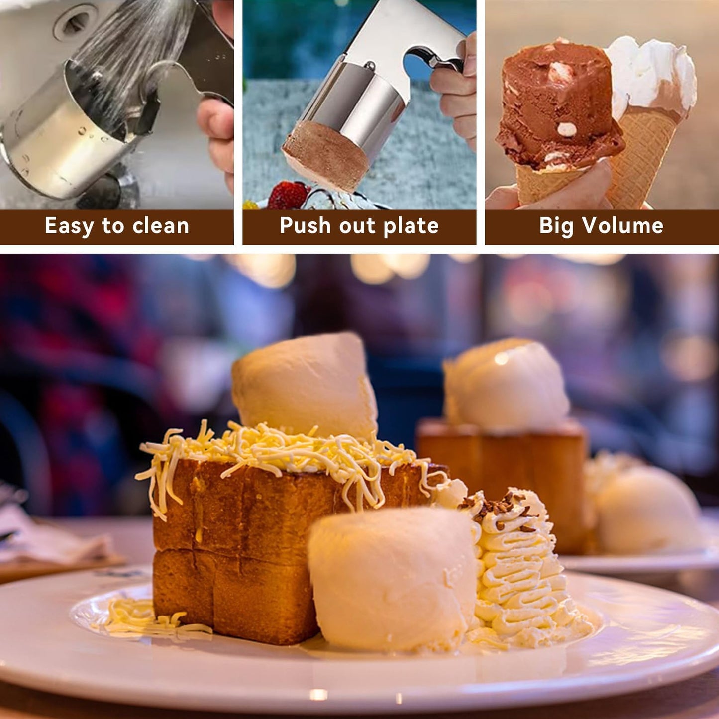 2Pcs Thrifty Ice Cream Scoop, Cylinder Stainless Steel Big Old Fashion Style Ice Cream Scoop with Trigger for Cream, Mashed Potato, Cookie Scoop Spoon