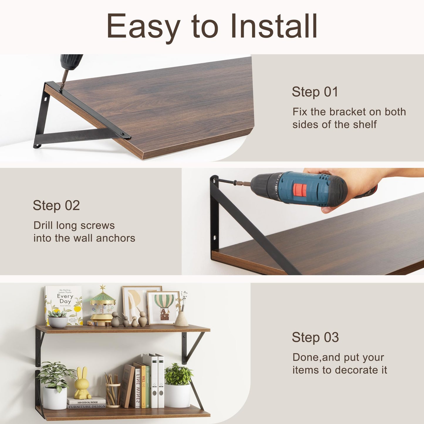 36"W x 10"D Floating Shelves, 10 Inch Deep Walnut Floating Shelves, Farmhouse Rustic Deep Wall Shelves for Home Decor, Wide Large Floating Shelf for Bathroom, Living Room, Kitchen, Study Room
