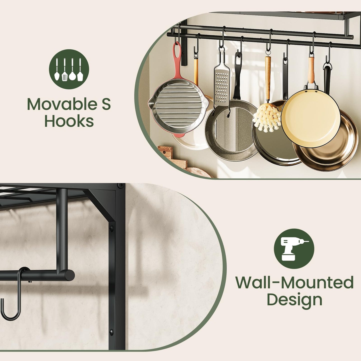 CHOEZON Hanging Pot Rack, Wall-Mounted Pot Rack, Kitchen Cookware Organizer, Metal Pot and pan Organizer Holder, for Cookware, Utensils Organization, Black TPR38BB