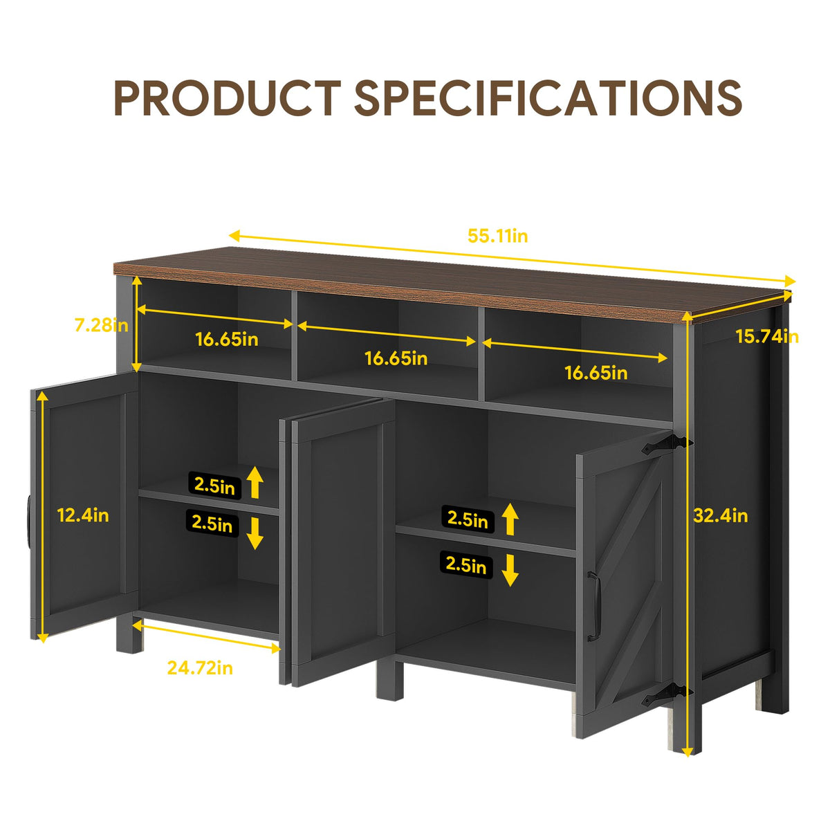 knoworld Buffet Sideboard with Storage Farmhouse with 4 Doors, 55'' Large Kitchen Storage Cabinet Wood Coffee Bar Cabinet Buffet Table with Shelves for Kitchen, Dining Room, Entryway (Black, 55 in)
