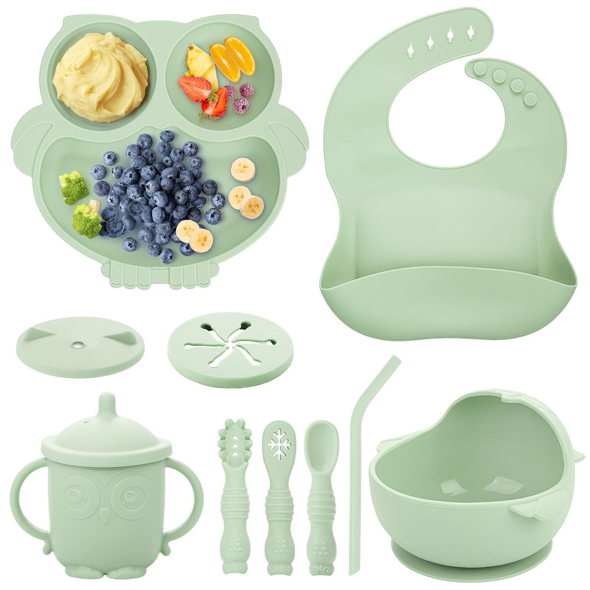 Bnditeu Baby Weaning Set, Silicone Feeding Set(10 Pcs), Toddler Set with Adjustable Bib, Suction Bowl, Plate, Fork, Spoon, Water & Snack Cup Kit, Led Kit for Babies, and Kids Green GJTZ-04