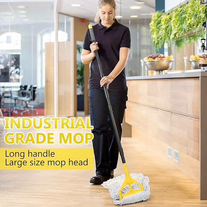 Beyoco Heavy Duty Commercial Mop Industrial Cotton Mop with Long Handle,Looped-End String Wet Mops for Home,Garage,Office, Workshop, Warehouse Floor Cleaning, 2 Pack,Yellow