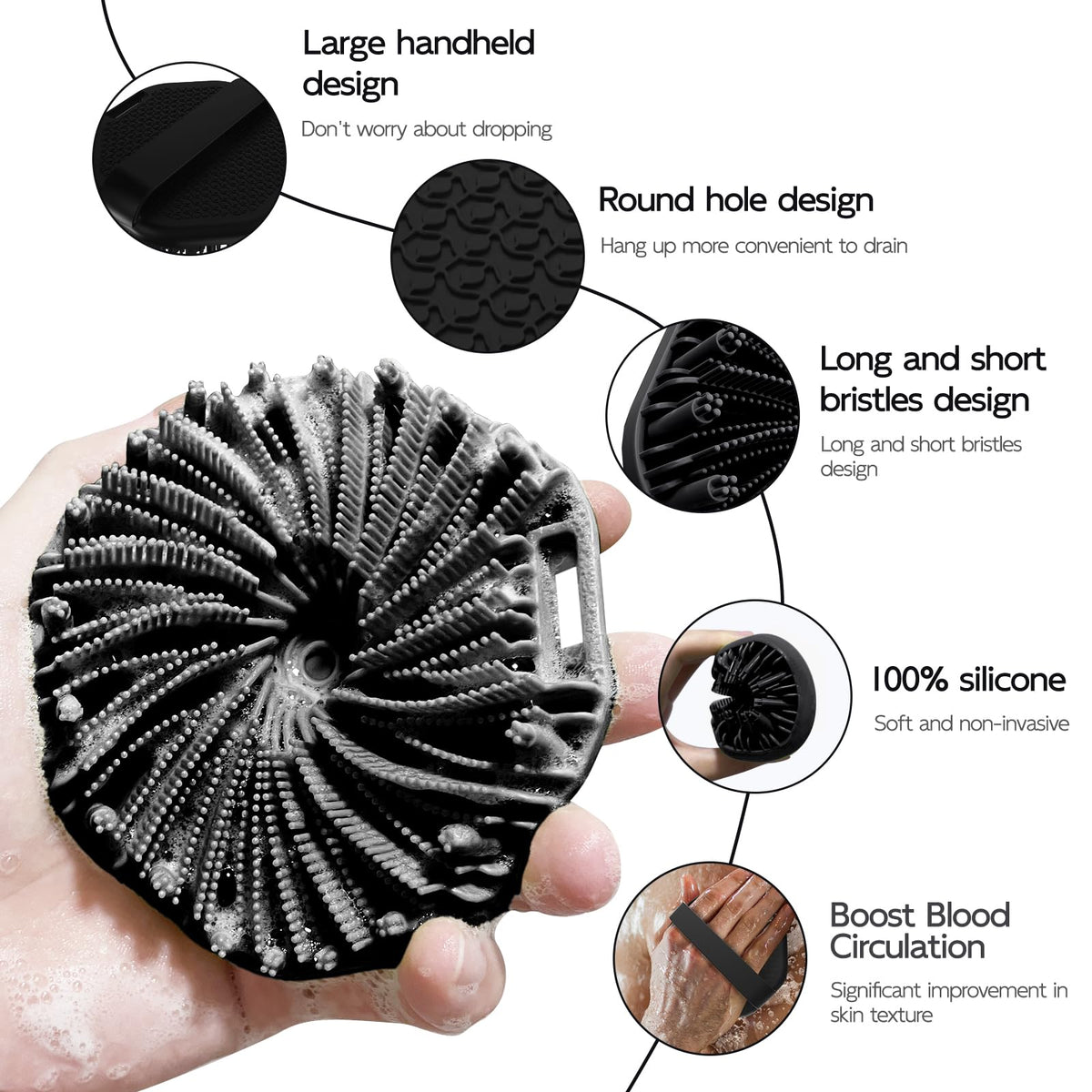 3 PCS Silicone Bath Brush Set,Back Scrubber & Body Brush & Face Brush Set, Super-Exfoliating & Lathering Body Scrubber, Shower Brush, Face Scrubber Combination for HomeBathroom Hotel Travel.(Black)