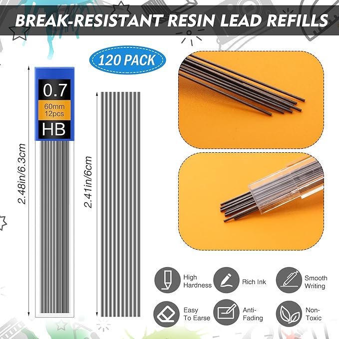 240 Pcs 0.7mm Mechanical Pencils Bulk Set Include 120 Black Mechanical Pencil 120 HB Lead Refills for Art Office Classroom School Student Writing Drawing Sketching Supplies