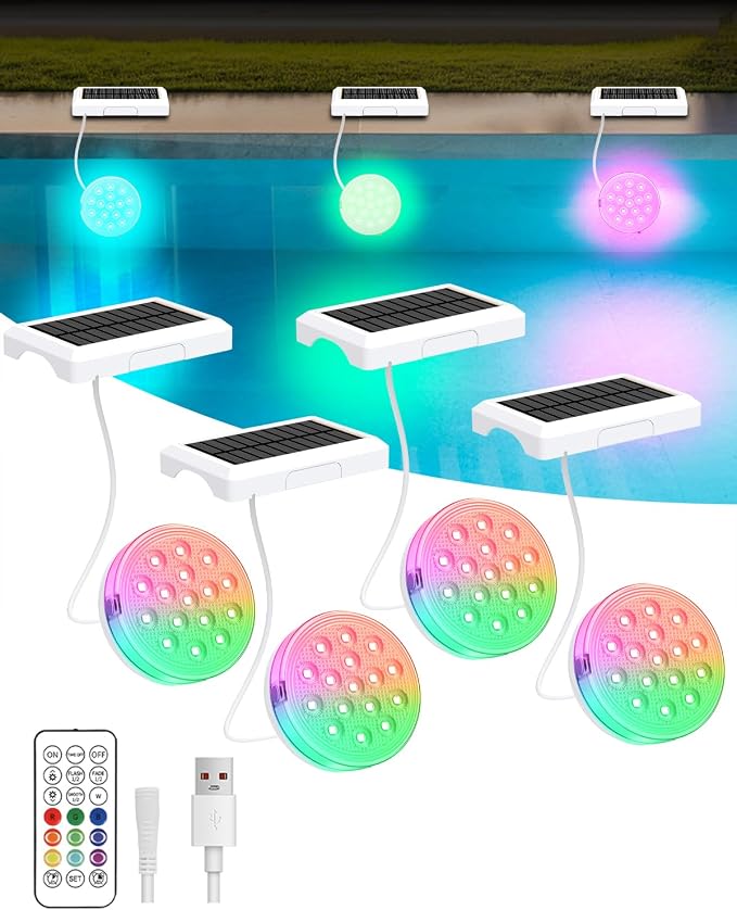 Solar Pool Lights, Rechargeable Submersible LED Lights with Remote, IP68 Waterproof Built-in Magnet Solar Underwater Light for Above Ground/Inground Pools, Pond Decoration(4 Pack)