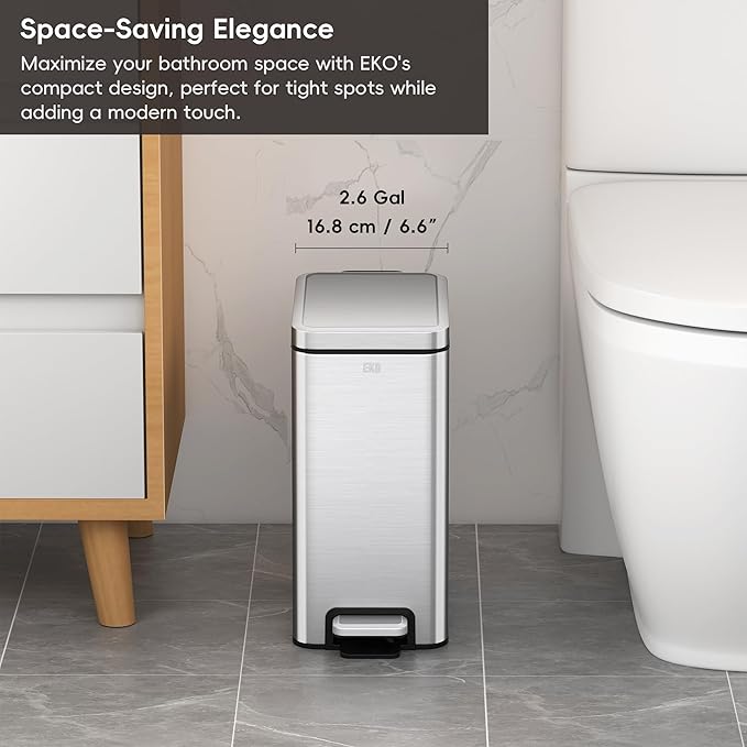 EKO Small Bathroom Trash Can with Lid Soft Close, Step Pedal, 10 Liter / 2.6 Gallon Stainless Steel Garbage Can with Removable Inner Bucket, Anti-Fingerprint Finish (Silver)