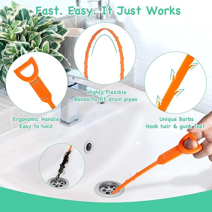 20PCS Drain Clog Remover Tool Set – 59” Drain Snake (2), 37” Snake Drain Hair Removal Tool (2), 25” Plumbing Snake (4), 24” Sink Snake (1), 18” Sink Drain Cleaner Tool (1), Straw Cleaning Brushes (10)