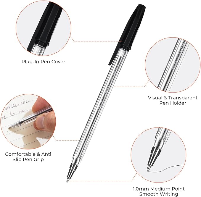 M&G Ballpoint Pens, Black Ink Ballpoint Pens Medium Point 1.0mm, Ball Point Pens Bulk Lasting Smooth Writing with Anti-Slip Grip & Plug-In Cover for Journaling Office School Women Men (50 Pack)
