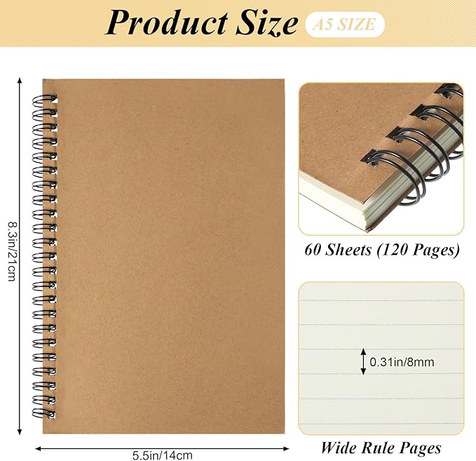 12 Pack Small Spiral Notebook A5 Lined College Ruled Spiral Journal Notebook 5.5 x 8.3 Inch Kraft Cover, 120 Pages for Work Students Office Business(Brown, Black)