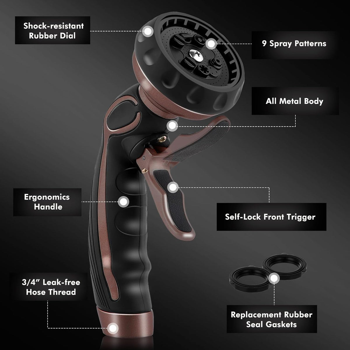 RESTMO Hose Nozzle with Easy Self-Lock Trigger, Heavy Duty Metal Water Hose Sprayer with 9 Spray Patterns and On/Off Valve, Ideal for Outdoor Lawn & Garden Watering, Car & Pet Washing, Brown