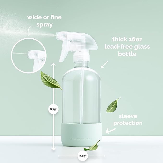 Vine Creations Glass Spray Bottles for Cleaning Solutions, Clear Glass Spray Bottle with Silicone Sleeve, 16 oz Empty Spray Bottles for Cleaning, Plant Spray Bottle, Mist and Stream Nozzle - 2 Pack