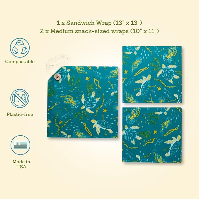 Bee's Wrap Beeswax Wraps for Food - Ocean 3 Pack (2M 1 Sandwich) Made in USA Reusable & Organic Food Wraps, Sandwich Wrap - Eco-Friendly Alternative to Aluminum Foil & Plastic Wrap