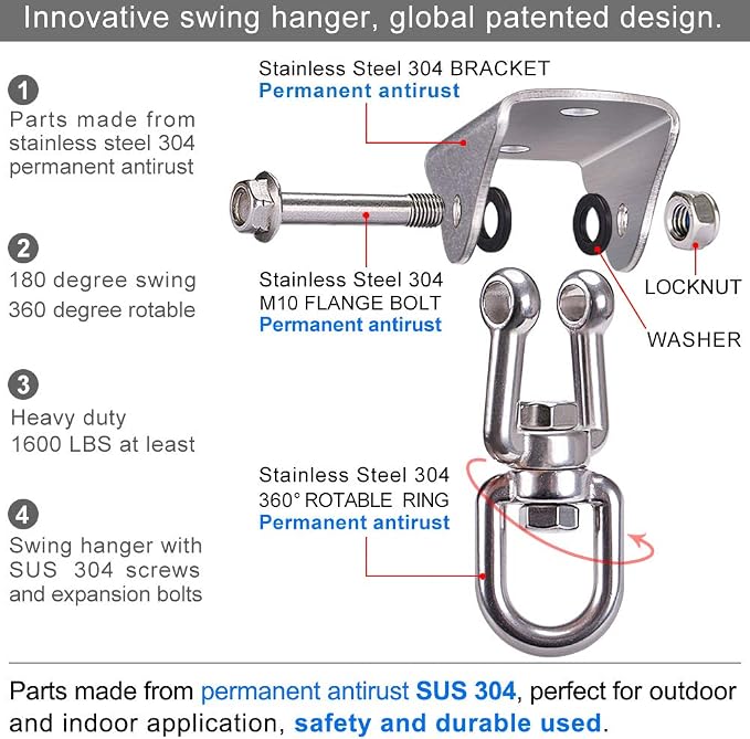 SELEWARE Stainless Steel Swing Hanger Heavy Duty Ceiling Swing Mount Free Swivel Swing Hook Swing Hardware Kit for Yoga Swing Hammock Chair Porch Swing Sets Heavy Punching Bag 1000 LB Capacity