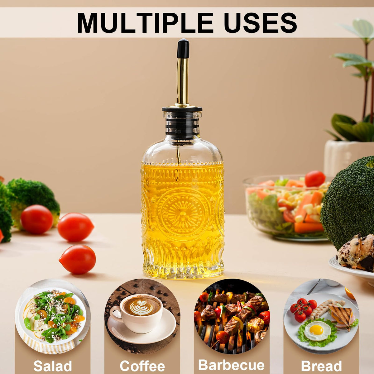 gegewawa Olive Oil Dispenser Bottle for Kitchen with Metal Spout, Glass Oil Bottles 7OZ, Elegant Glass Cooking Dispenser for Kitchen
