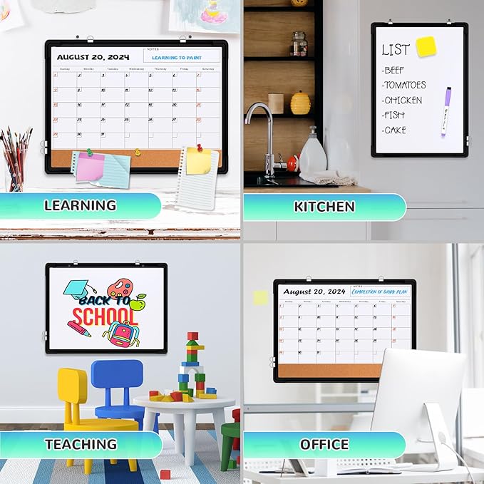 Monthly Calendar Whiteboard, 24"x18" Dry Erase Cork Board Combination for Wall, Magnetic Dry Erase Board, Double-Sided White Board, Portable Board for Office, Kitchen, Planning, Memo, School, Home
