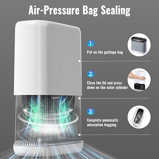 Spreezy Bathroom Trash Can with Lid, 2.3 Gallons / 8.6 L Small Waste Basket, Pneumatic Adhesion Style Garbage Can for Kitchen, Bedroom, Living Room, Office, Trash Bin Includes 5 Rolls of Trash Bags