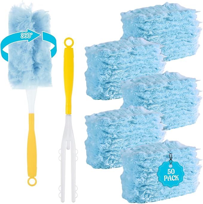 50 Count 360 Heavy Duty Duster Refills Bulk Compatible with Swiffer, Dusting Refills with 1 Handle, Multi Surface Disposable Dusters Refill for Cleaning (Blue)