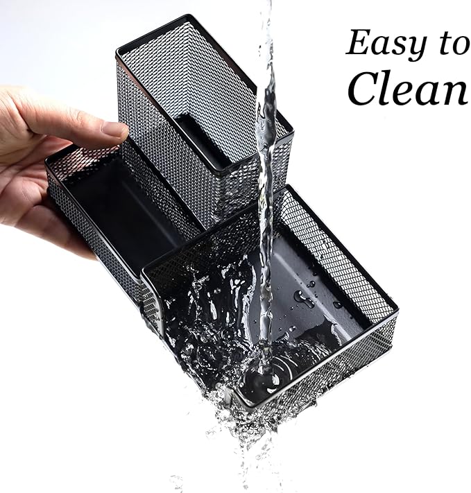 2 Pieces Pen Holder Mesh Metal Pencil Holder Desk Organizers Black for Desk Office with 3 Compartments Pencil Holders,Desktop Storage Caddy Organization,Suitable for School, Home,Black