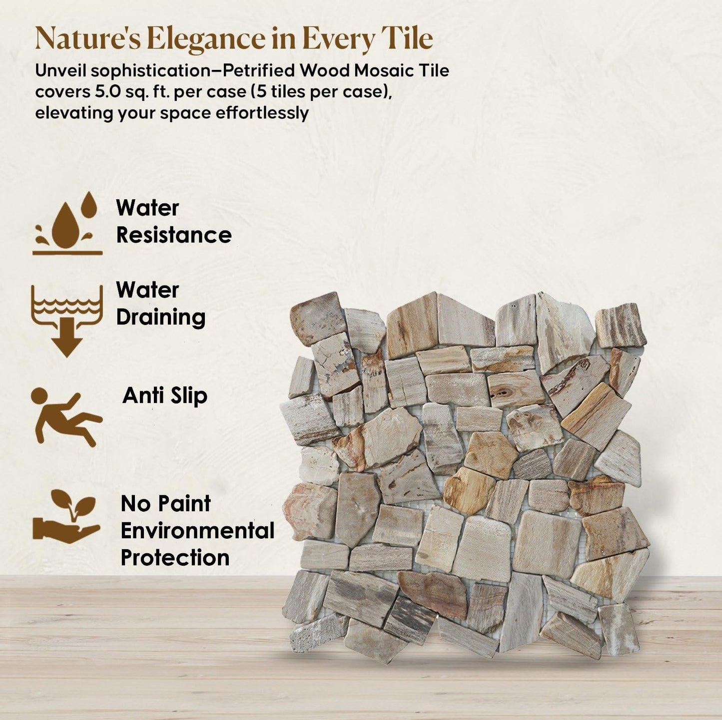 PEBBLETILE.CO Petrified Wood Tiles - Floor and Wall Mosaic Tile - Honed Finish Tiles for Kitchen, Bathroom,Vanities and Laundry (11.4" X 11.4") Mosaic