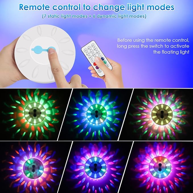 QOLNBY Floating Pool Lights(1 Pack), Rechargeable Pool Lights with 6 Dynamic Lighting Effects, Upper and Lower Color Changing Floating Light, IP68 Waterproof Lights for Pools, Hot Tubs, Fountain