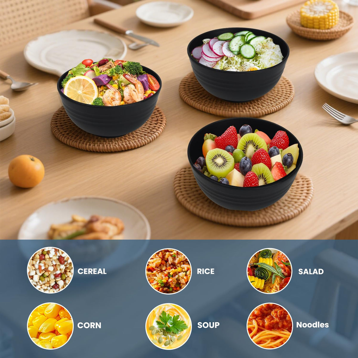 BUSOKIP Ramen Bowl 26oz, Unbreakable Wheat Straw Bowls Sets of 6, Plastic Bowl Reusable, Microwave & Dishwasher Safe Cereal Bowls for Kitchen, Dorm, Office- Black