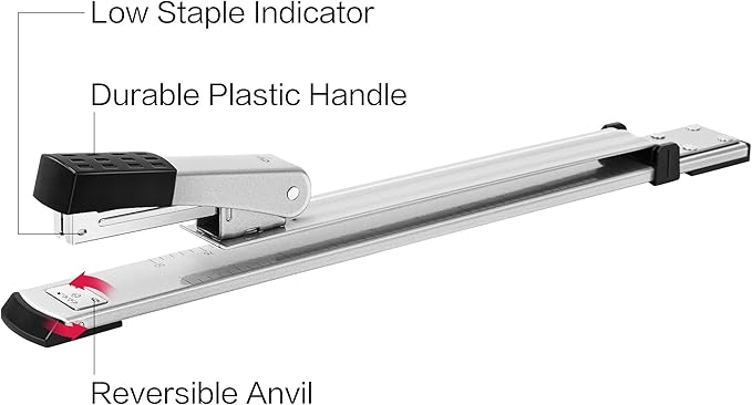 Deli Long Reach Stapler with 1000 Staples, 20 Sheet Capacity, Long Arm Standard Staplers for Booklet or Book Binding, Silver
