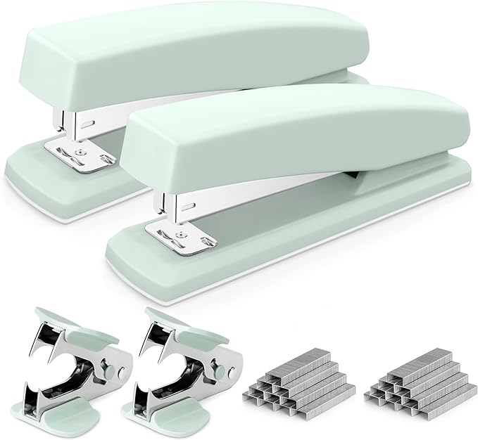 Deli Desktop Stapler, 2 Pack, 25 Sheet Capacity, Includes 2000 Staples and 2 Staple Removers, Green