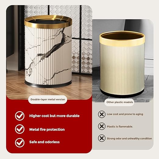 Small Fancy Bathroom Trash Can, Metal Trash Can Covered with Leather, Open Top, Hide The Garbage Bag，Bathroom, Living Room, Bedroom, Office, Bank, Hotel (12L-Ink Painting)