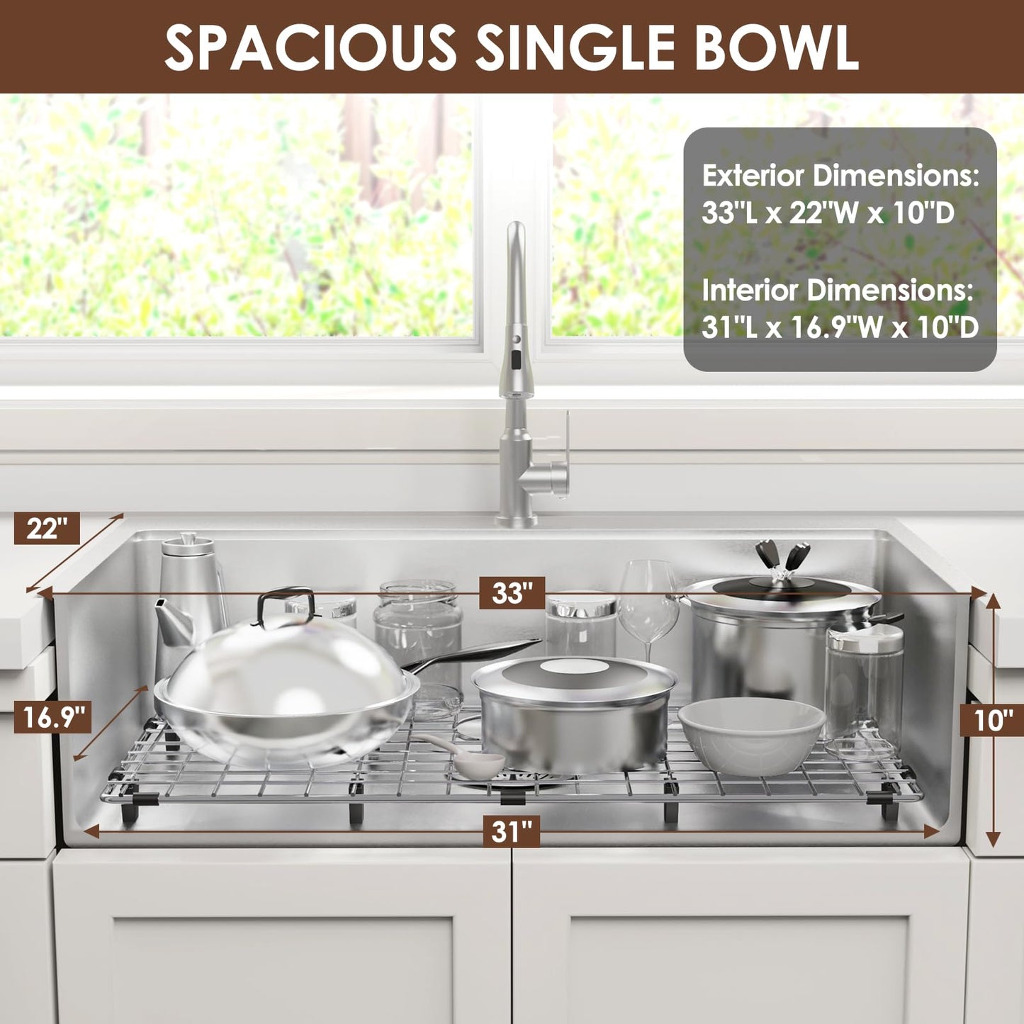 BURCHAIN 33x22 Inch Kitchen Sink Black Drop In Stainless Steel Kitchen Sinks 16 Gauge Single Bowl Workstation Luxury Top Mount Sink with 6 Accessories Include Glass Rinser (Brushed Nickel)