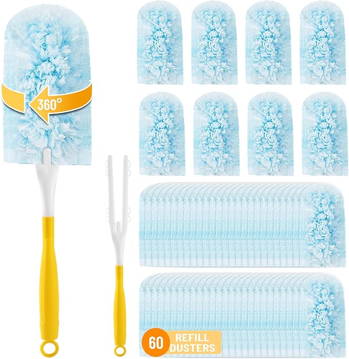 Duster Refill for Swiffer Duster Refill，360 Dusters Heavy Duty Refills, Multi Surface Disposable Duster Kit Unscented for Home, Office, Furniture (60 Count + 2 Handle)